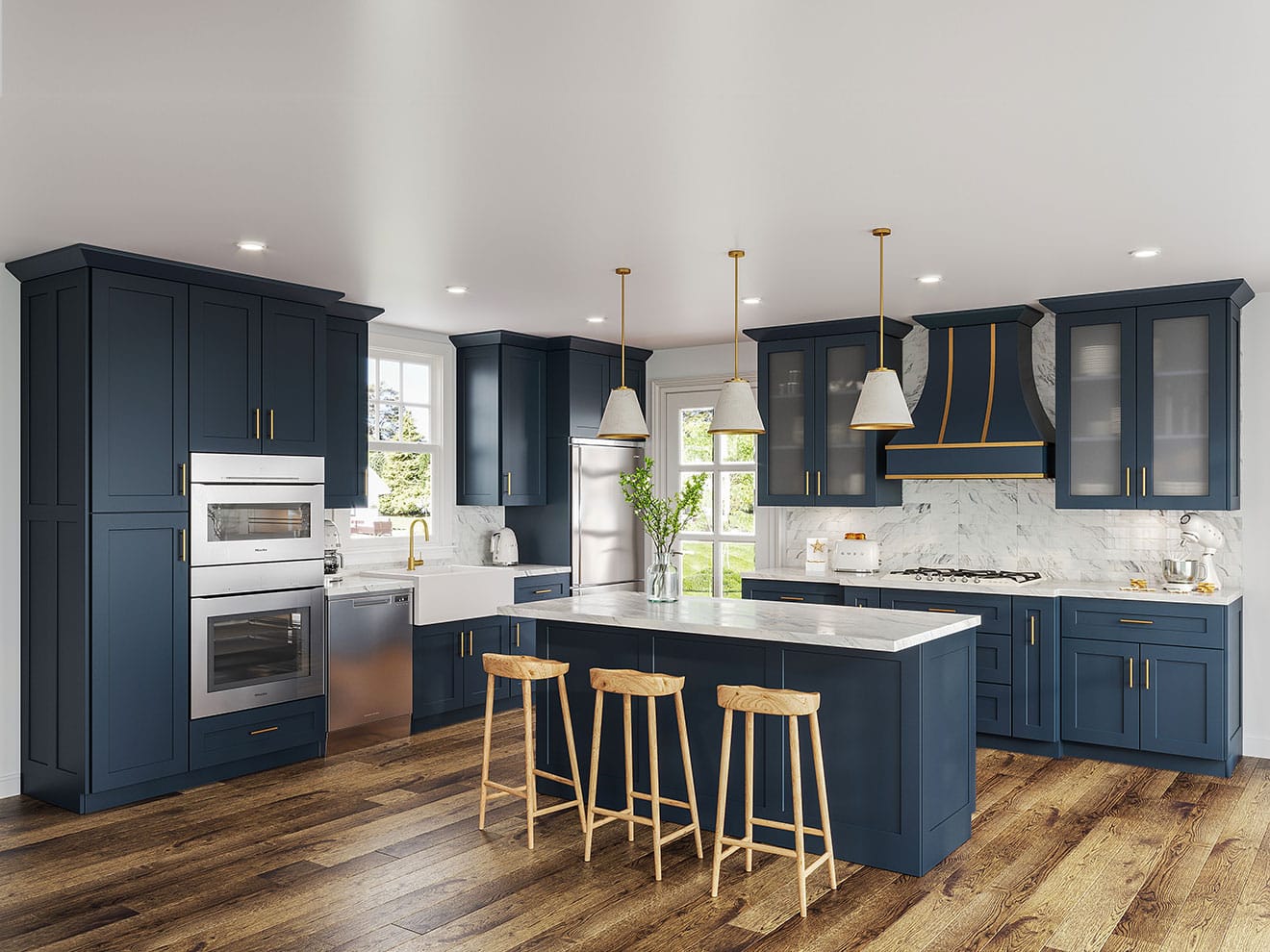 Navy Custom Kitchen Cabinets with Gold Hardware